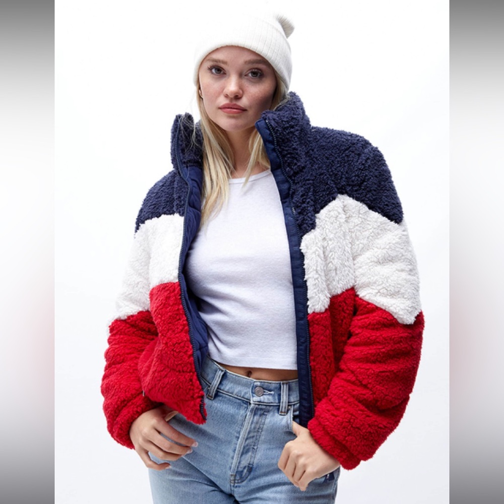 NWT $129 WOMEN’S TOMMY HILFIGER SPORT SHERPA ZIPPER JACKET COAT RED/WHITE/BLUE M